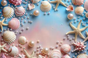 AI generated Seashells and Starfish on Blue Background photo