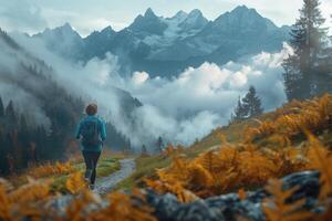 ai generado mujer corriendo en montaña sendero foto