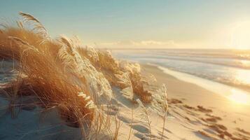 AI generated Snow-covered Beach With Grass by the Ocean photo