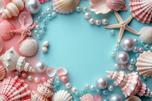 AI generated Sea Shells and Pearls on Blue Background photo