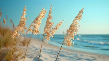 AI generated Snow-covered Beach With Grass by the Ocean photo