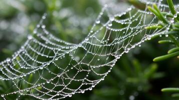 AI generated Mesmerizing hyper zoom of a dew covered spiderweb. Generative AI photo