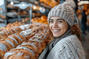 ai generado sonriente mujer en frente de horneado bienes estante foto