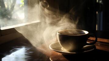 AI generated Morning sun through coffee steam. Generative AI photo