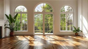 AI generated Empty Room With Large Windows and Wood Floor photo