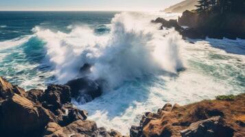 AI generated Large wave crashing into a rocky shore. Generative AI photo