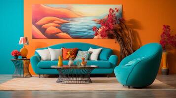 AI generated A living room filled with furniture and a painting on the wall. Generative AI photo