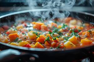 ai generado Cocinando comida en pan en estufa foto