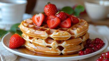 AI generated Stack of Waffles With Fruit and Syrup photo