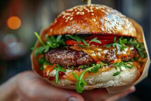 AI generated Hand Holding Cheese and Lettuce Hamburger photo