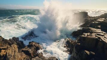 AI generated Powerful wave crashing against rocky shore. Generative AI photo