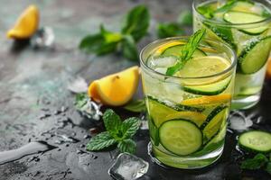 AI generated Refreshing Cucumber, Lemon, and Mint Water in Glasses photo