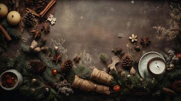 AI generated Rustic flatly of vintage christmas elements. Generative AI photo