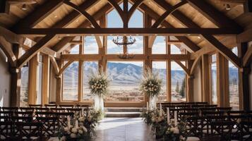 AI generated Rustic chapel wedding with wooden beams. Generative AI photo
