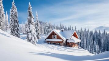 ai generado casa en el medio de un Nevado montaña. generativo ai foto