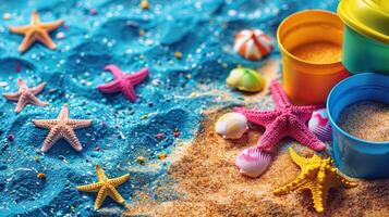 AI generated Starfish, Sand, and Cups on Beach photo