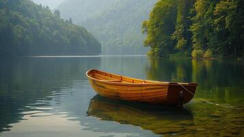 ai generado de madera barco flotante en lago foto