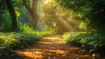 AI generated Tranquil Path Through Lush Green Forest photo