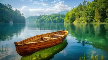 AI generated Wooden Boat Floating on Lake photo