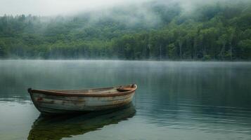 ai generado de madera barco flotante en lago foto