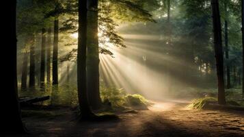 AI generated Sunbeams streaming through a forest mist. Generative AI photo