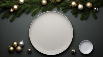 AI generated Top view of a minimalist christmas decoration setup. Generative AI photo