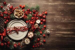 AI generated Top flat lay perspective timeless holiday adornments. Generative AI photo