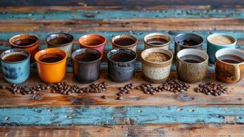 AI generated Group of Coffee Cups on Wooden Table photo