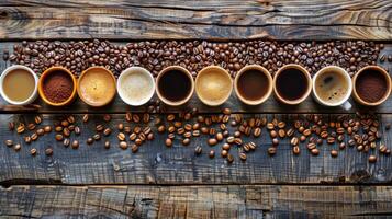 AI generated Row of Coffee Cups Filled With Different Coffee Beans photo