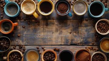 AI generated Group of Coffee Cups on Wooden Table photo