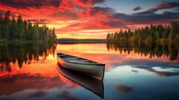 AI generated Boat sitting on top of a lake next to a forest. Generative AI photo