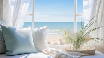 AI generated Cozy bed with pillows and a basket on top. Generative AI photo