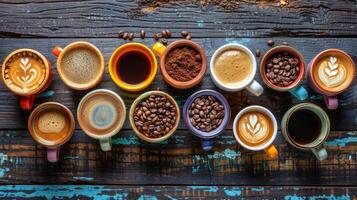 AI generated Row of Coffee Cups Filled With Different Coffee Beans photo