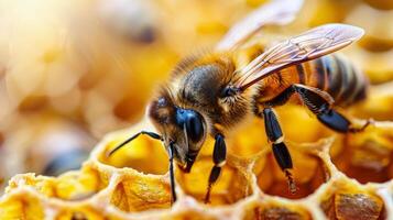 AI generated Bee Feeding on Honeycomb photo