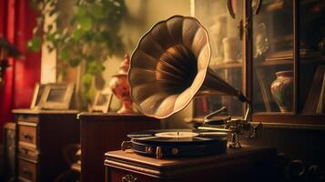 AI generated Vintage gramophone setting the mood with lofi. Generative AI photo