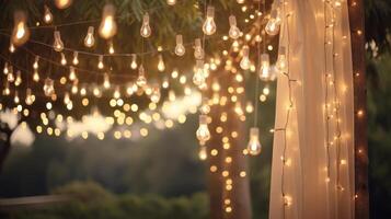 AI generated Wedding decor with hanging string lights. Generative AI photo