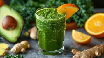 AI generated Green Smoothie Surrounded by Fruits and Vegetables photo
