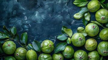 ai generado grupo de limas con hojas en azul superficie foto