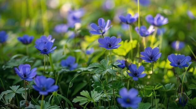 ai generado azul flores rociado entre césped foto