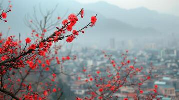 ai generado flor floreciente en campo con ciudad antecedentes foto