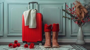 AI generated Red Boots on Red Suitcase photo