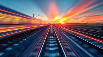 AI generated Train Passing Through Station at Sunset photo