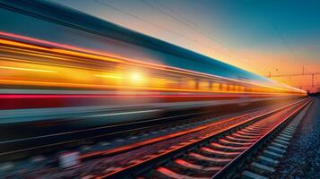 ai generado tren paso mediante estación a puesta de sol foto