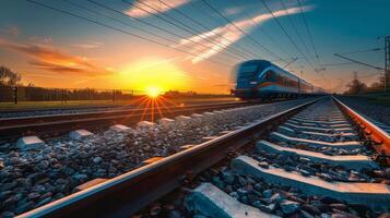 AI generated Train Traveling Along Sunset Train Tracks photo