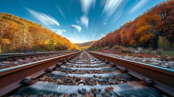 ai generado tren de viaje a lo largo puesta de sol tren pistas foto