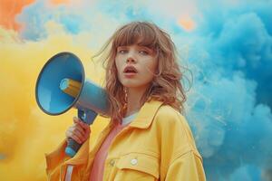 AI generated Woman Holding Red and White Megaphone photo