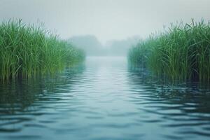 AI generated Mountain Lake Surrounded by Grass photo