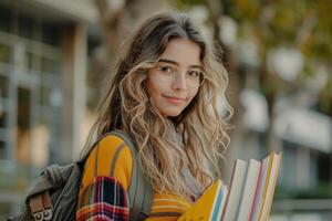 ai generado sonriente mujer propensión en contra pared participación libro foto