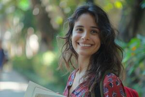 AI generated Smiling Woman Leaning Against Wall Holding Book photo