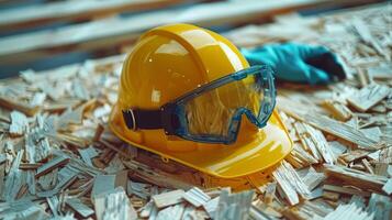 AI generated Hard Hat and Goggles on Pile of Wood photo